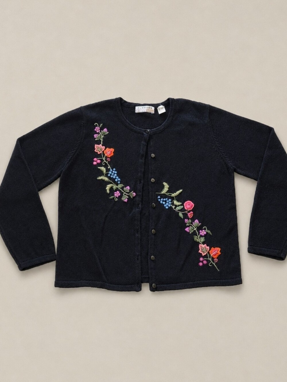 Vintage Marisa Christina Black Floral Embroidered Ramie Cardigan Sweater M